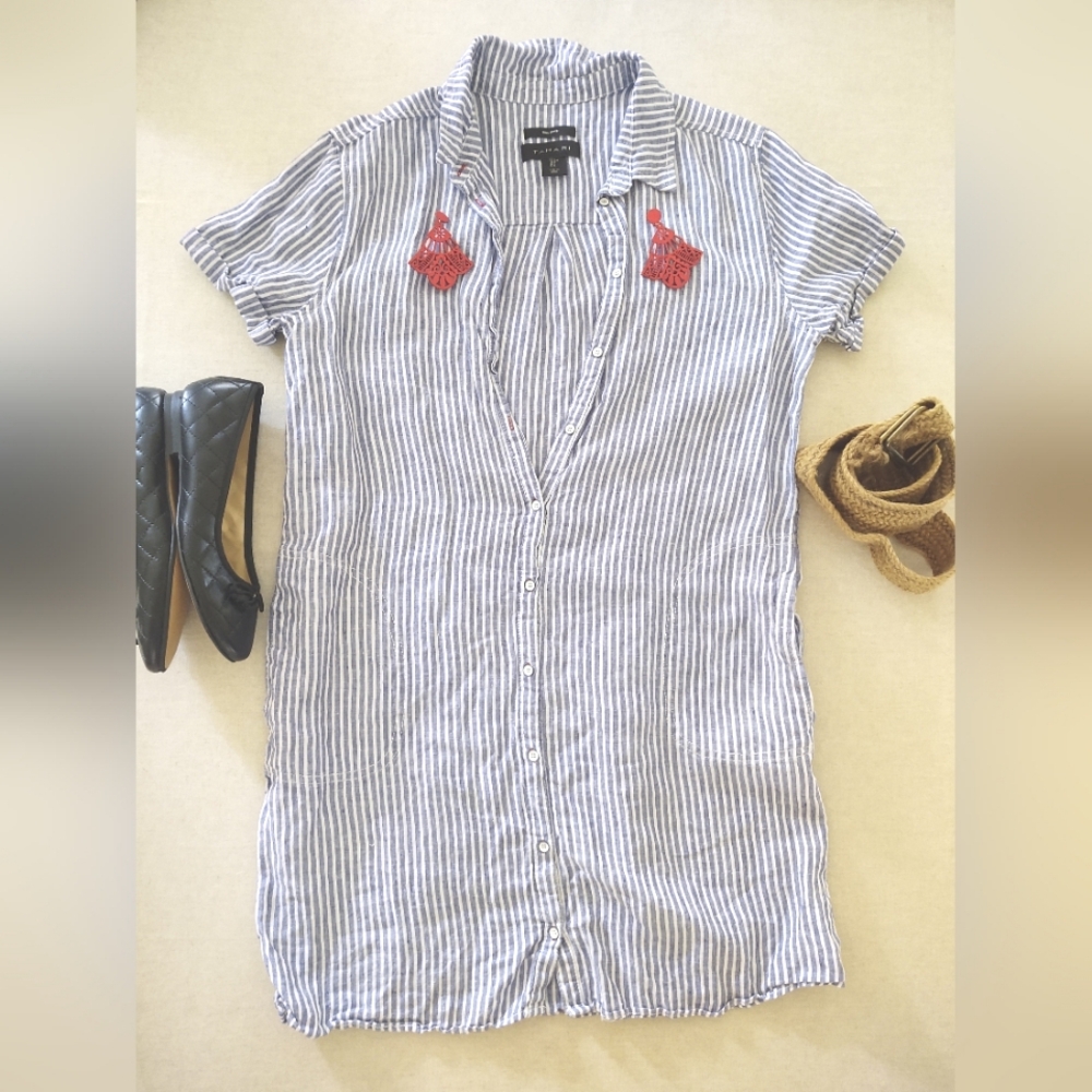 TAHARI 1oo% LineN Striped Shirt-Dress 👗~ Blue & White + PockeTs Size: L